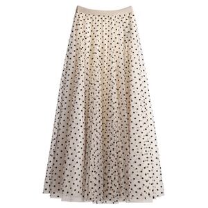 French Cream Polka Dot Pleated Maxi Skirt
